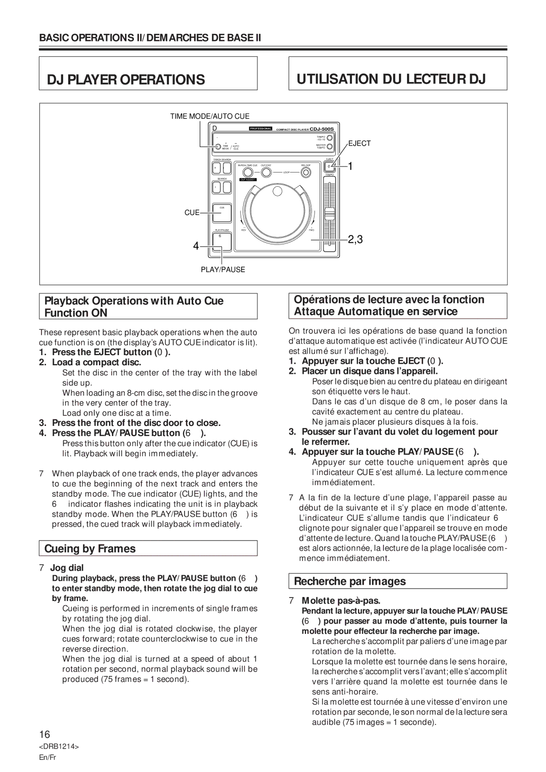 Pioneer CDJ-500S user service DJ Player Operations Utilisation DU Lecteur DJ, Playback Operations with Auto Cue Function on 