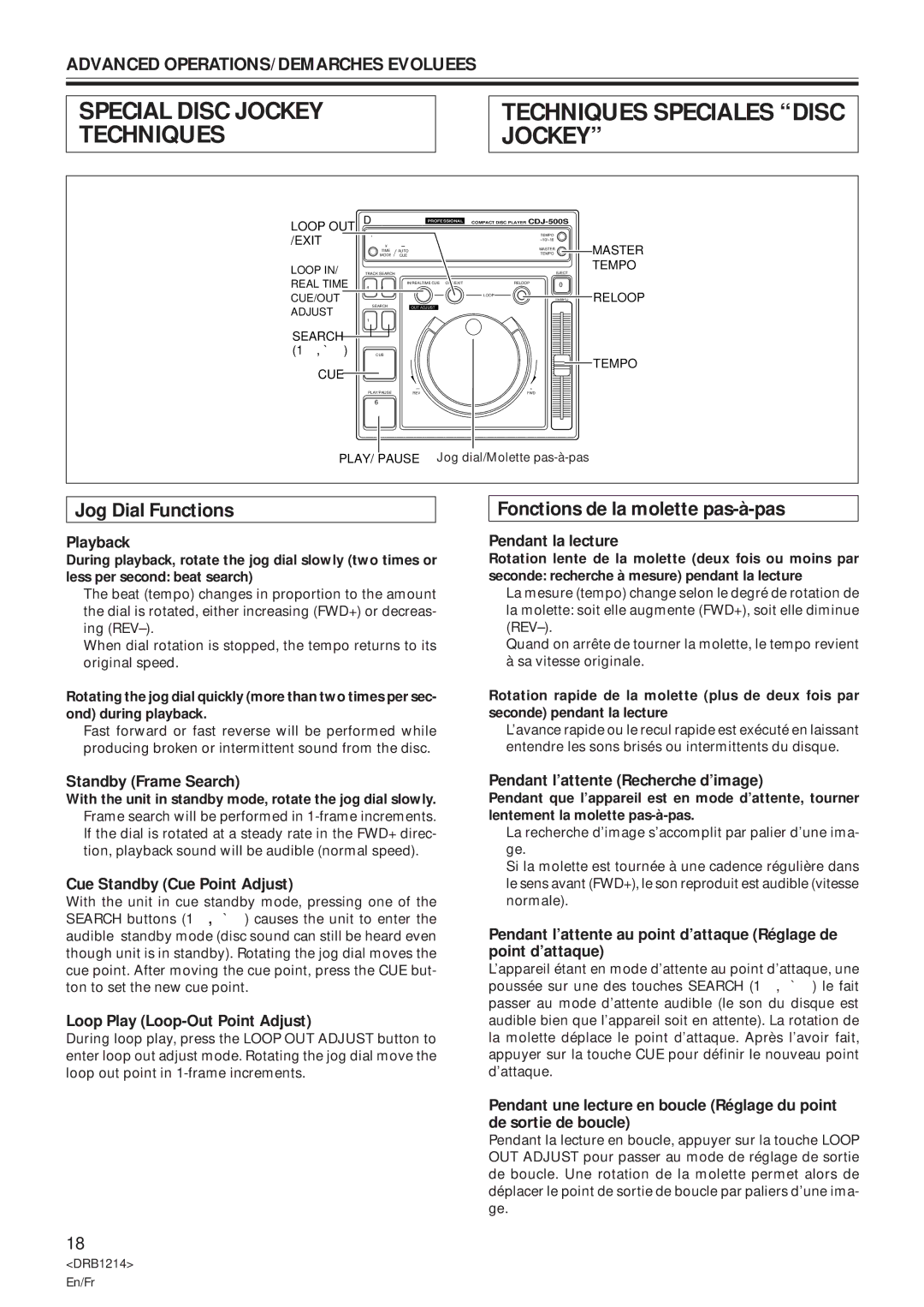 Pioneer CDJ-500S user service Techniques Speciales Disc Jockey, Jog Dial Functions, Fonctions de la molette pas-à-pas 