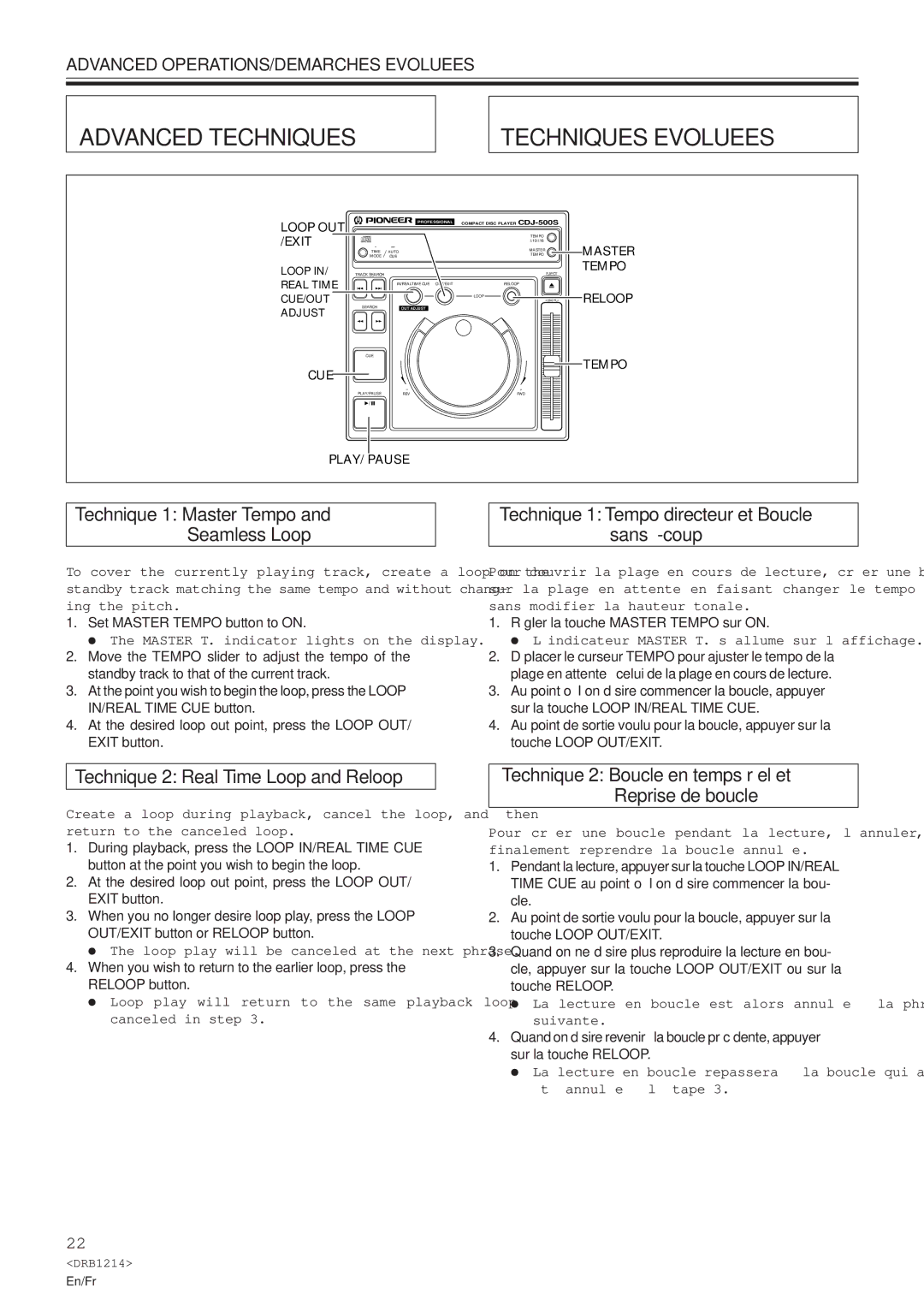 Pioneer CDJ-500S Advanced Techniques, Technique 1 Master Tempo Seamless Loop, Technique 2 Real Time Loop and Reloop 