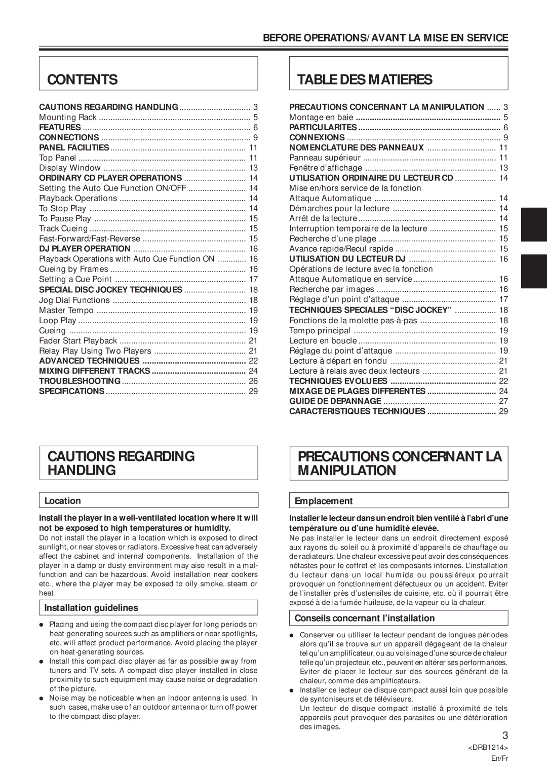 Pioneer CDJ-500S user service Contents, Table DES Matieres, Handling, Precautions Concernant LA Manipulation 