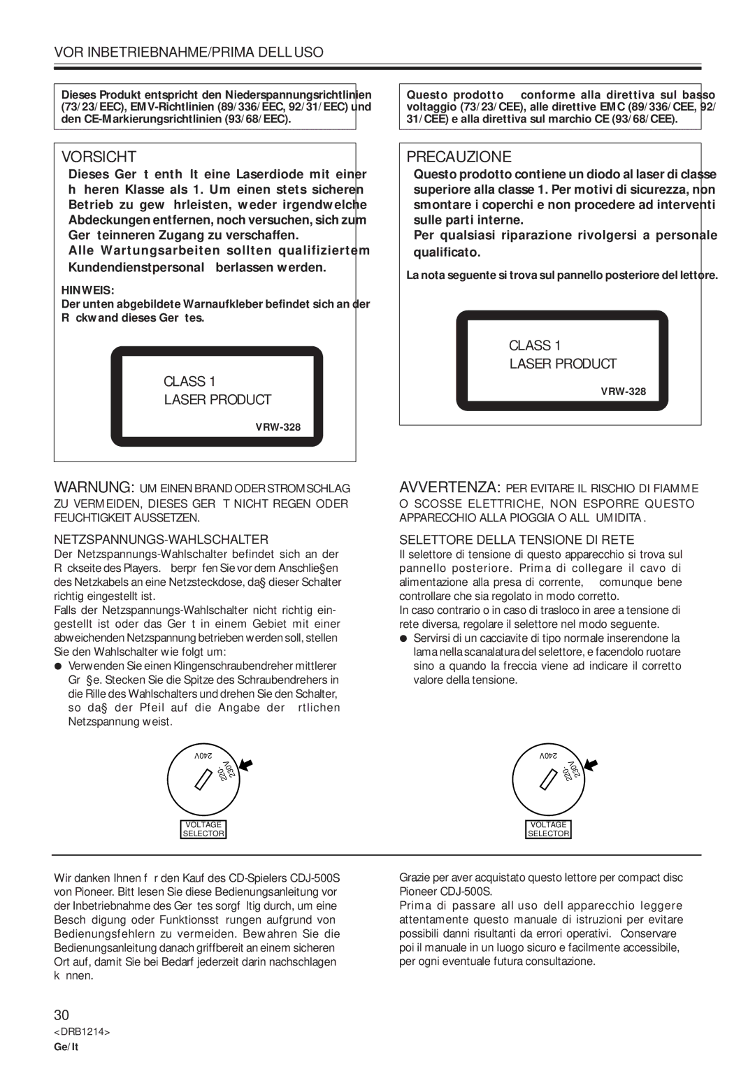 Pioneer CDJ-500S Vor Inbetriebnahme/Prima Dell’Uso, Netzspannungs-Wahlschalter, Selettore Della Tensione DI Rete 