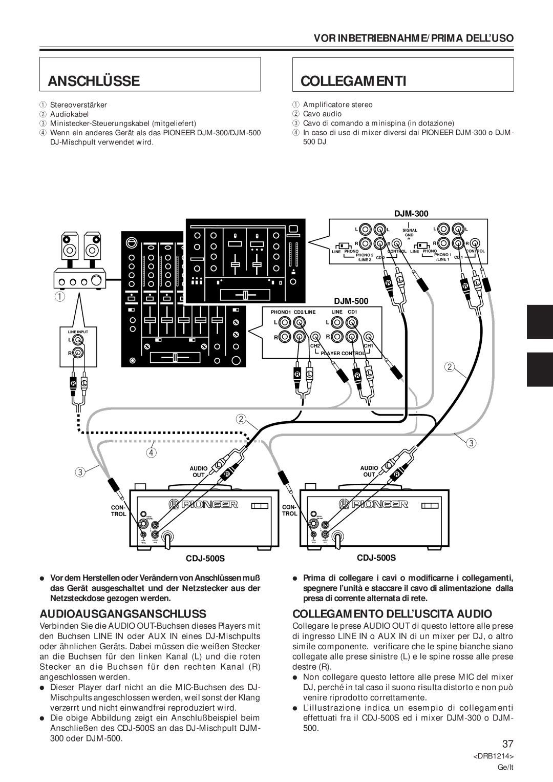 Pioneer CDJ-500S user service Anschlüsse Collegamenti, Audioausgangsanschluss, Collegamento DELL’USCITA Audio 