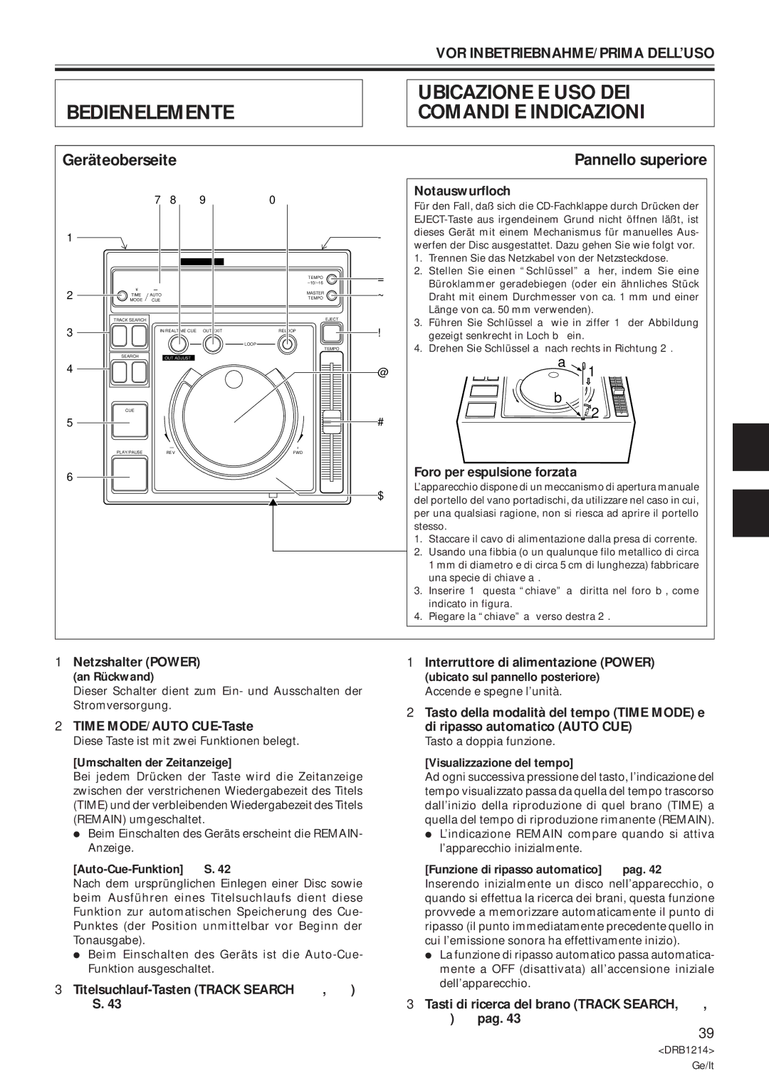 Pioneer CDJ-500S user service Bedienelemente Ubicazione E USO DEI Comandi E Indicazioni, Geräteoberseite 