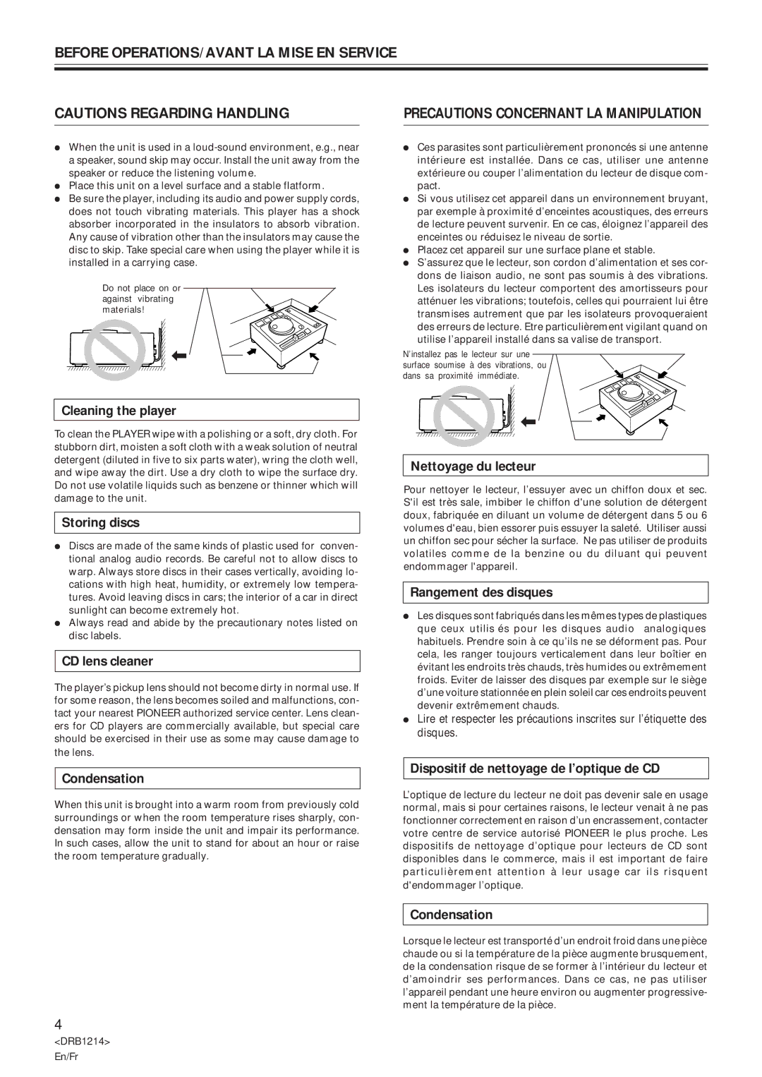 Pioneer CDJ-500S user service Precautions Concernant LA Manipulation 