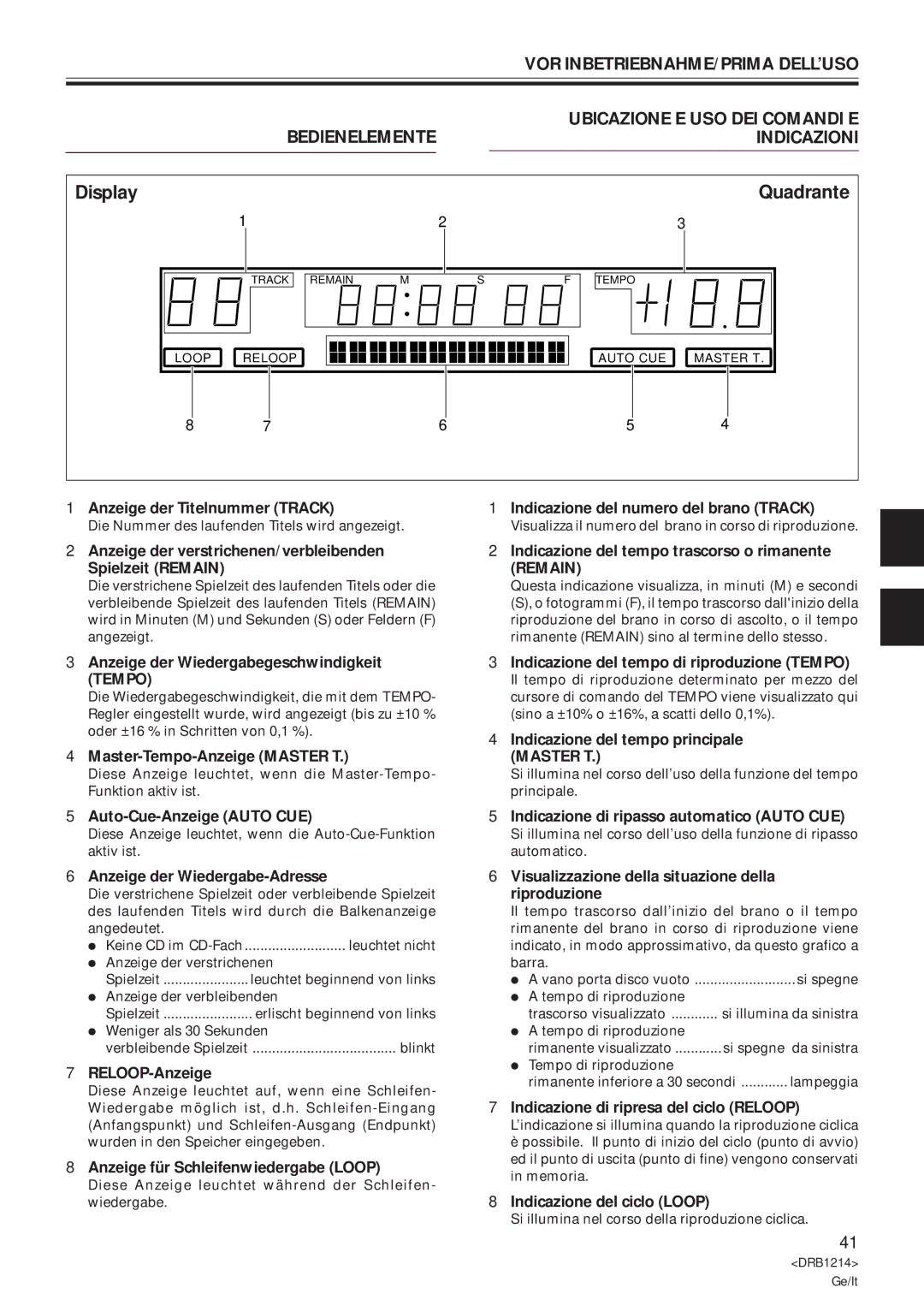 Pioneer CDJ-500S user service Display Quadrante, Ubicazione E USO DEI Comandi E, Indicazioni 