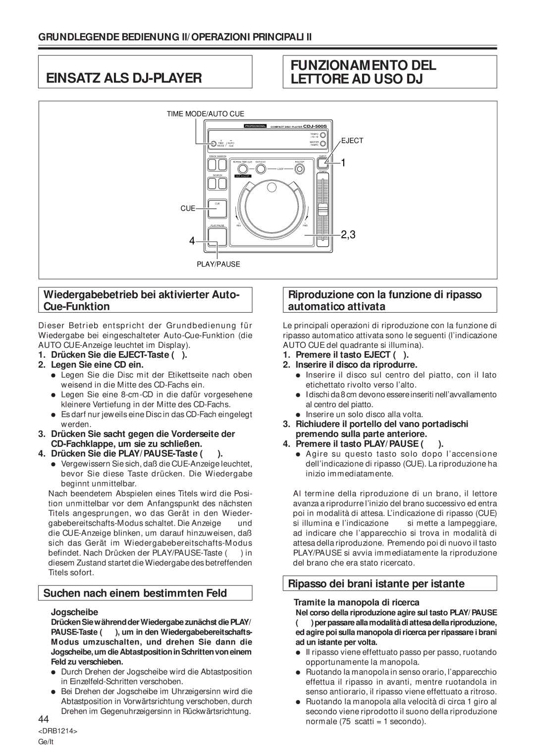 Pioneer CDJ-500S user service Einsatz ALS DJ-PLAYER Funzionamento DEL Lettore AD USO DJ, Suchen nach einem bestimmten Feld 