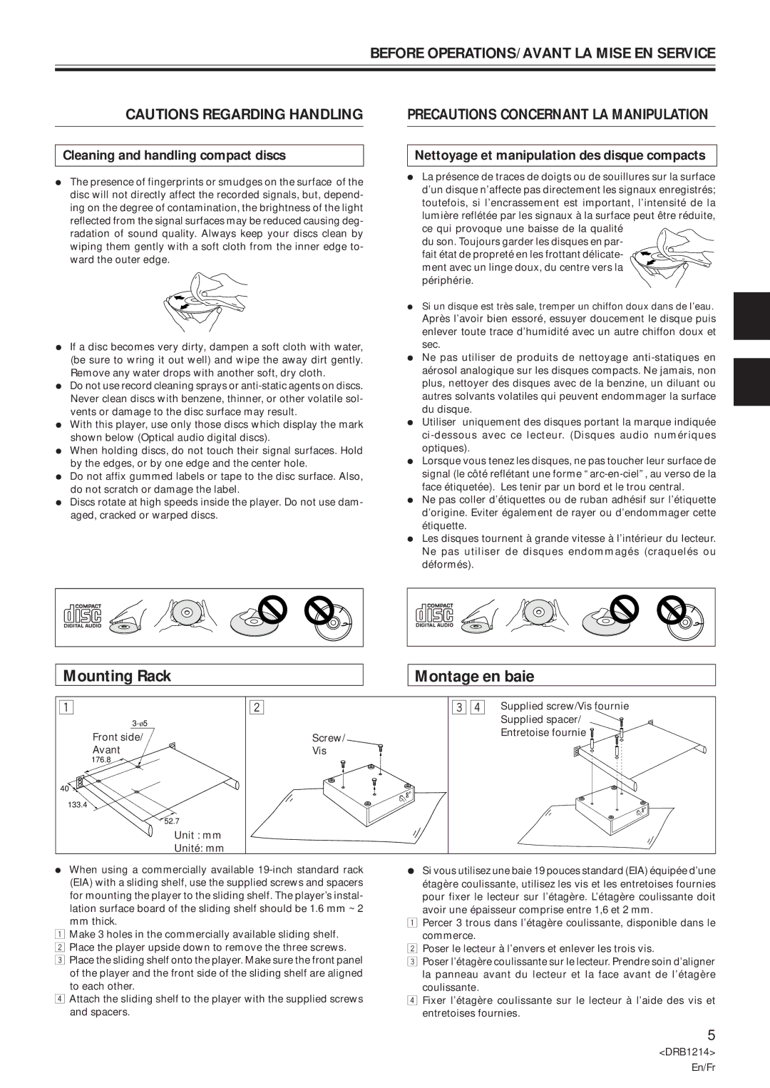 Pioneer CDJ-500S user service Mounting Rack Montage en baie, Precautions Concernant LA Manipulation 