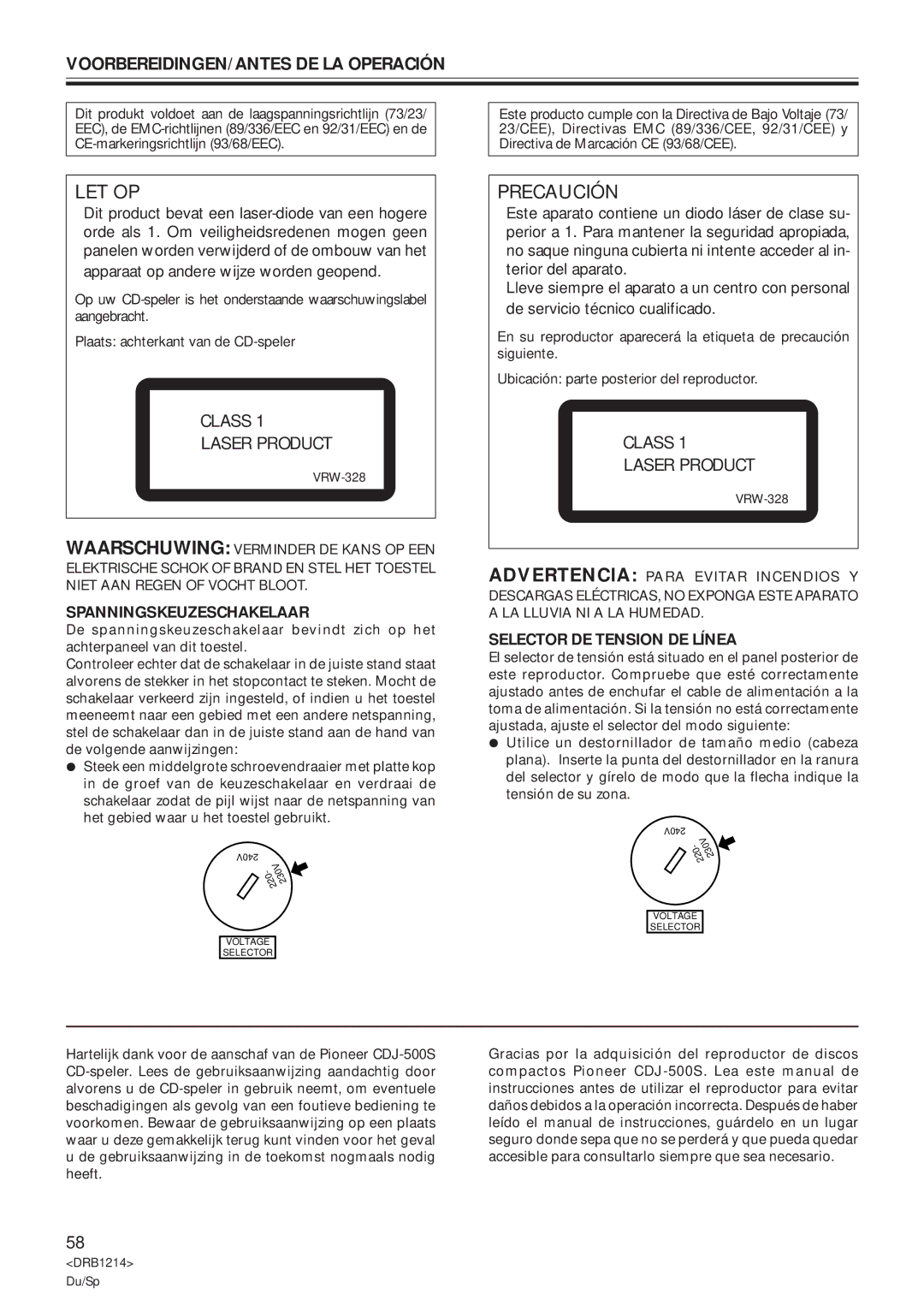 Pioneer CDJ-500S user service VOORBEREIDINGEN/ANTES DE LA Operación, Spanningskeuzeschakelaar, Selector DE Tension DE Línea 