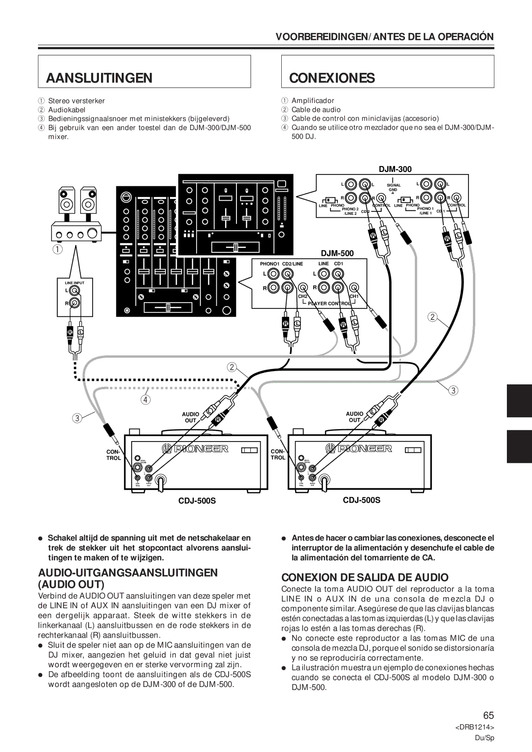 Pioneer CDJ-500S user service Aansluitingen, Conexiones, AUDIO-UITGANGSAANSLUITINGEN Audio OUT, Conexion DE Salida DE Audio 