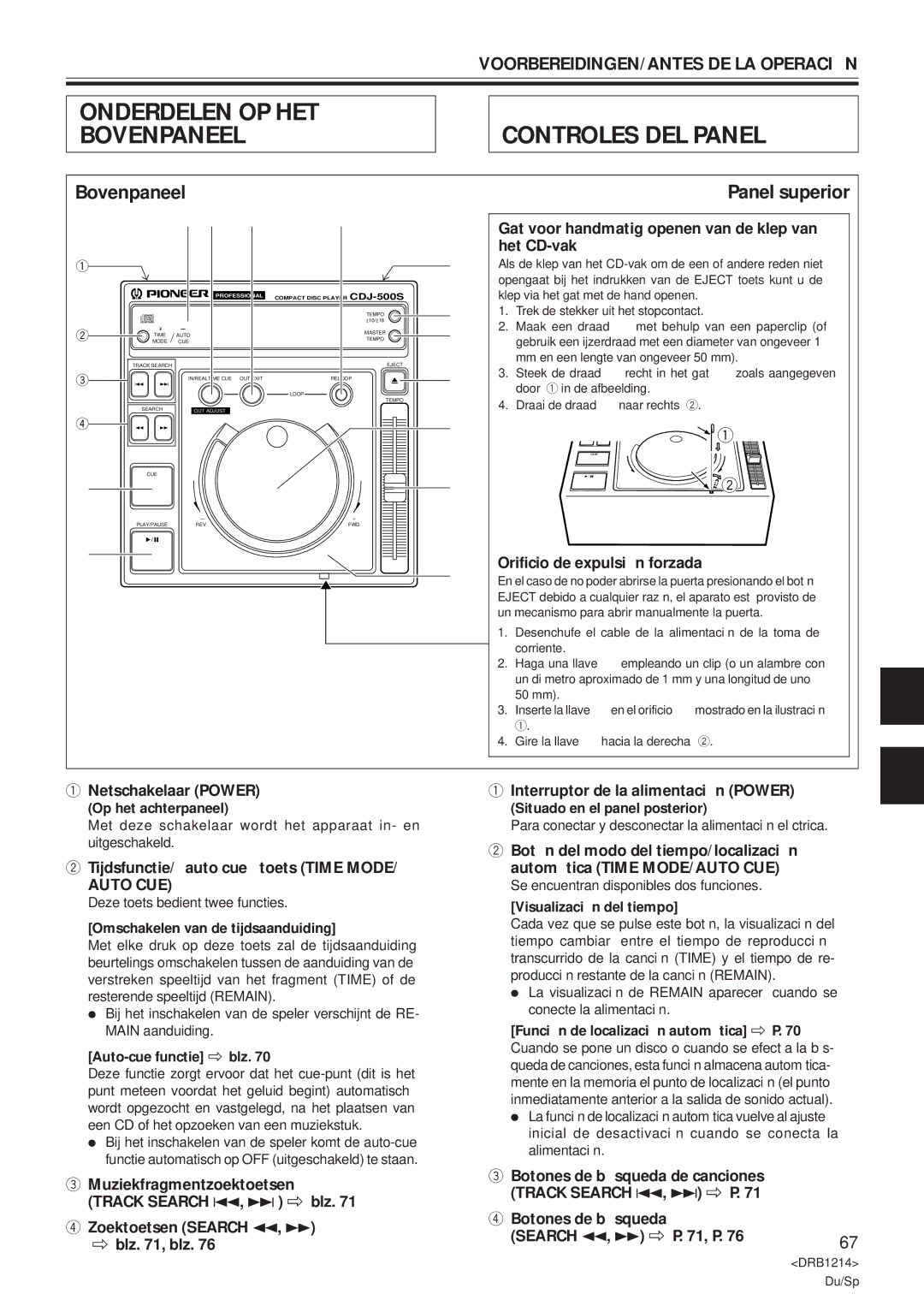 Pioneer CDJ-500S user service Onderdelen OP HET Bovenpaneel Controles DEL Panel, Bovenpaneel Panel superior, Auto CUE 