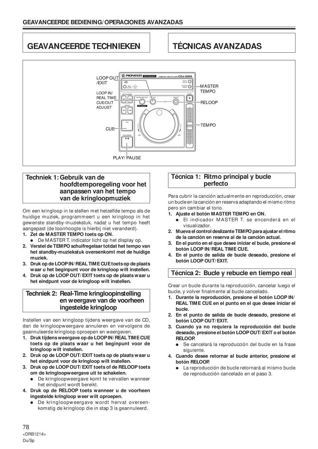 Pioneer CDJ-500S user service Geavanceerde Technieken Técnicas Avanzadas, Zet de Master Tempo toets op on 