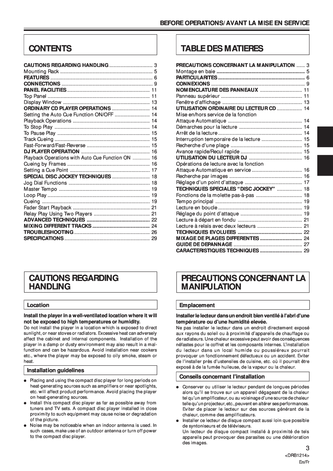 Pioneer CDJ-500S Contents, Table Des Matieres, Cautions Regarding Handling, Precautions Concernant La Manipulation 