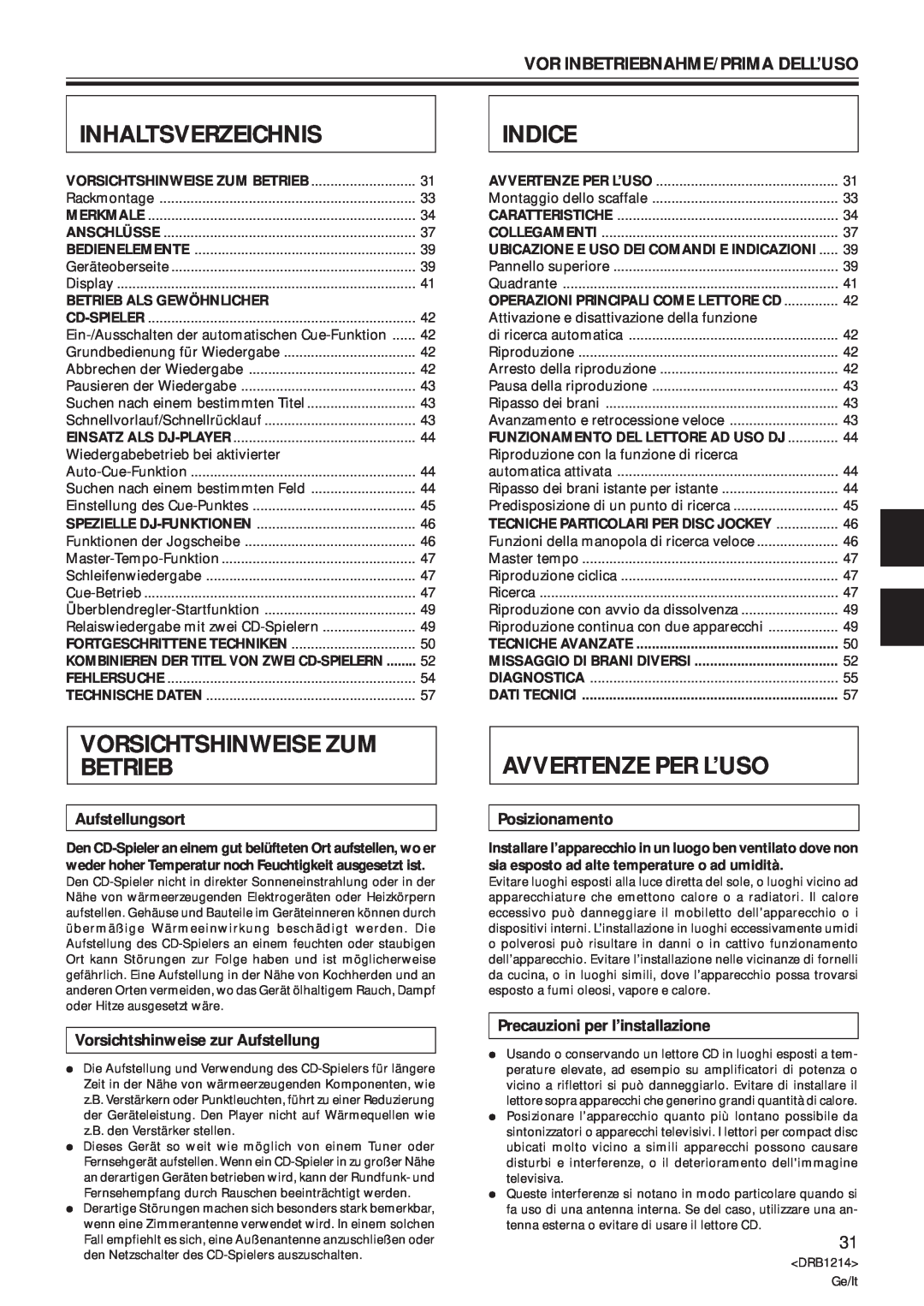 Pioneer CDJ-500S Inhaltsverzeichnis, Indice, Vorsichtshinweise Zum Betrieb, Avvertenze Per L’Uso, Aufstellungsort 
