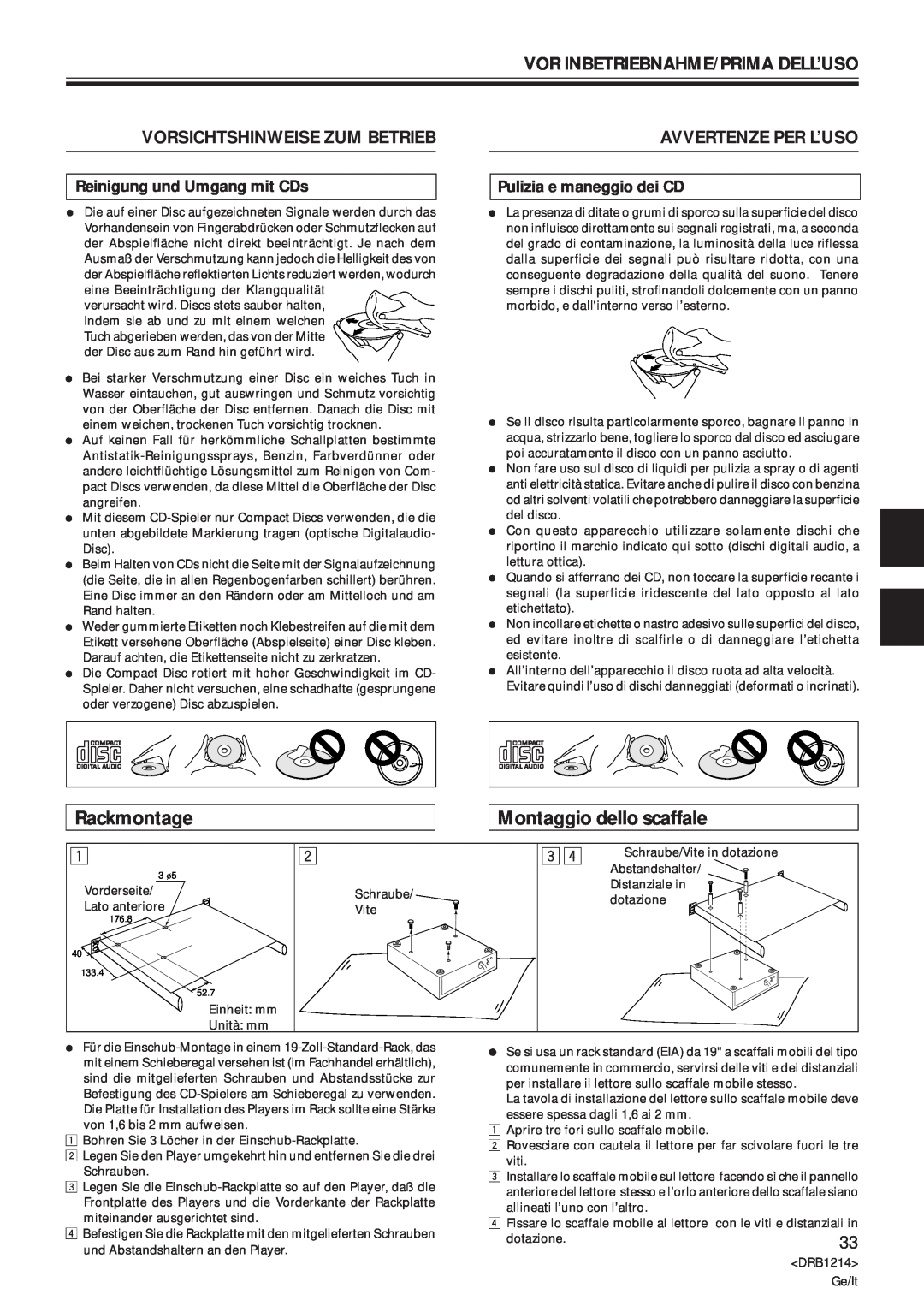 Pioneer CDJ-500S Rackmontage, Montaggio dello scaffale, Reinigung und Umgang mit CDs, Pulizia e maneggio dei CD 