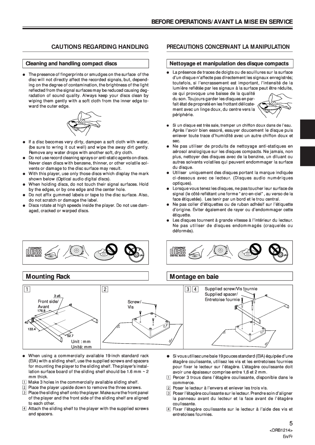 Pioneer CDJ-500S Mounting Rack, Montage en baie, Precautions Concernant La Manipulation, Cautions Regarding Handling 