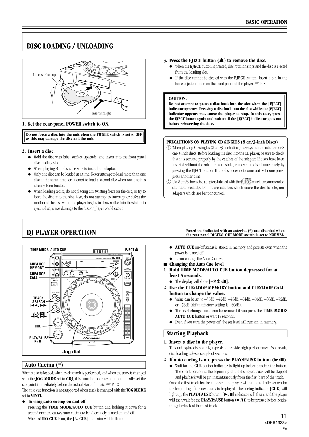 Pioneer CDJ-800 manual Disc Loading / Unloading, DJ Player Operation, Starting Playback, Auto Cueing 