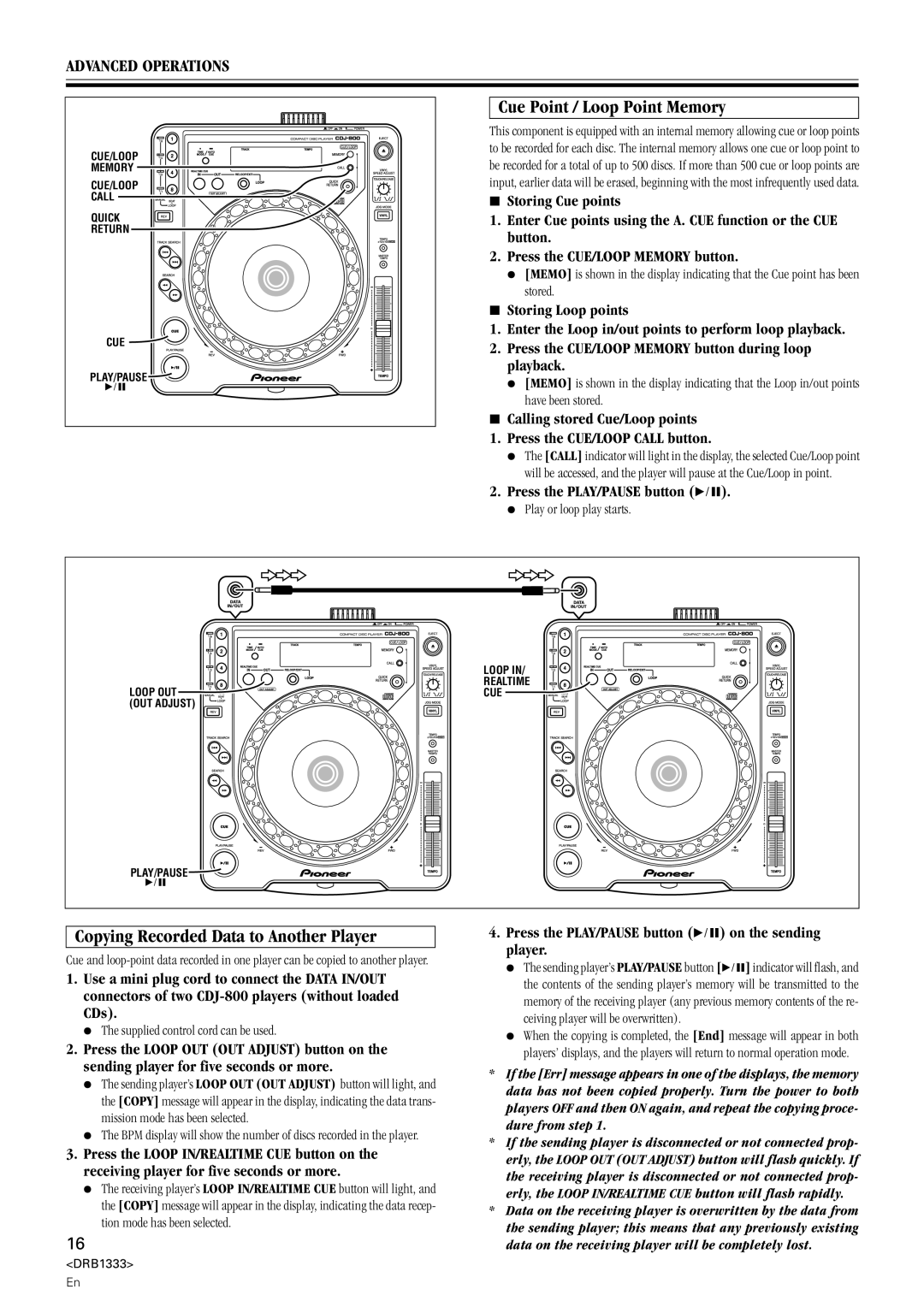 Pioneer CDJ-800 manual Cue Point / Loop Point Memory, Copying Recorded Data to Another Player, Press the PLAY/PAUSE button 