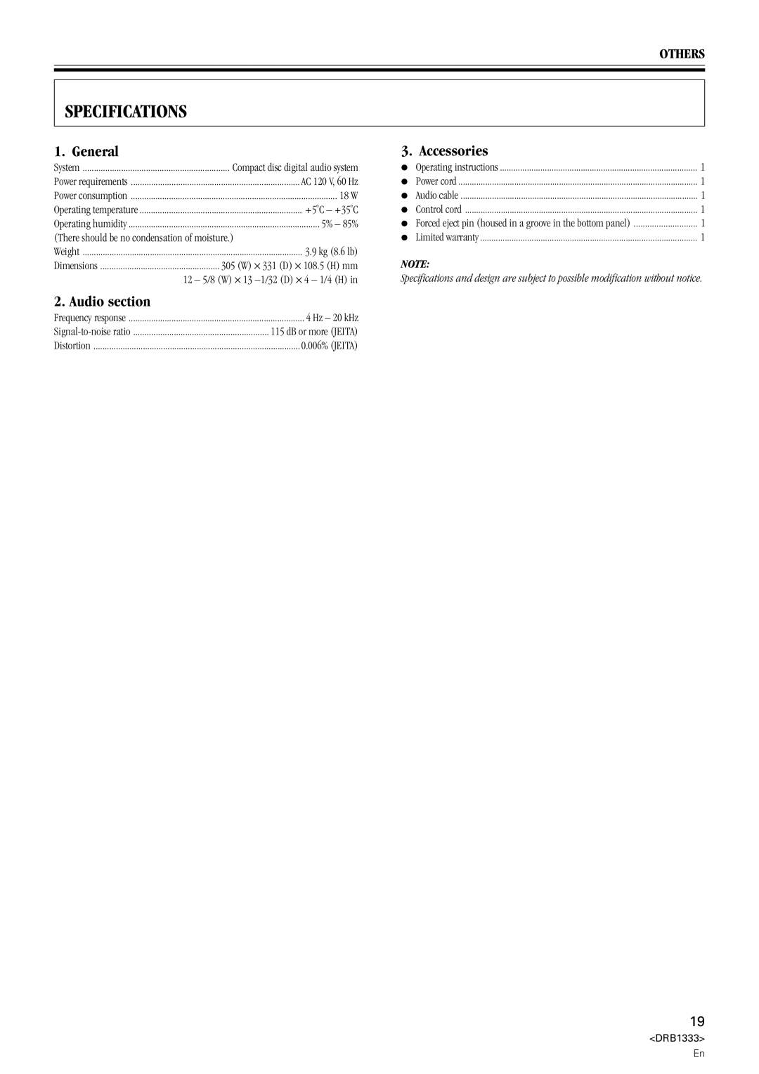 Pioneer CDJ-800 manual Specifications, General, Accessories, Audio section 