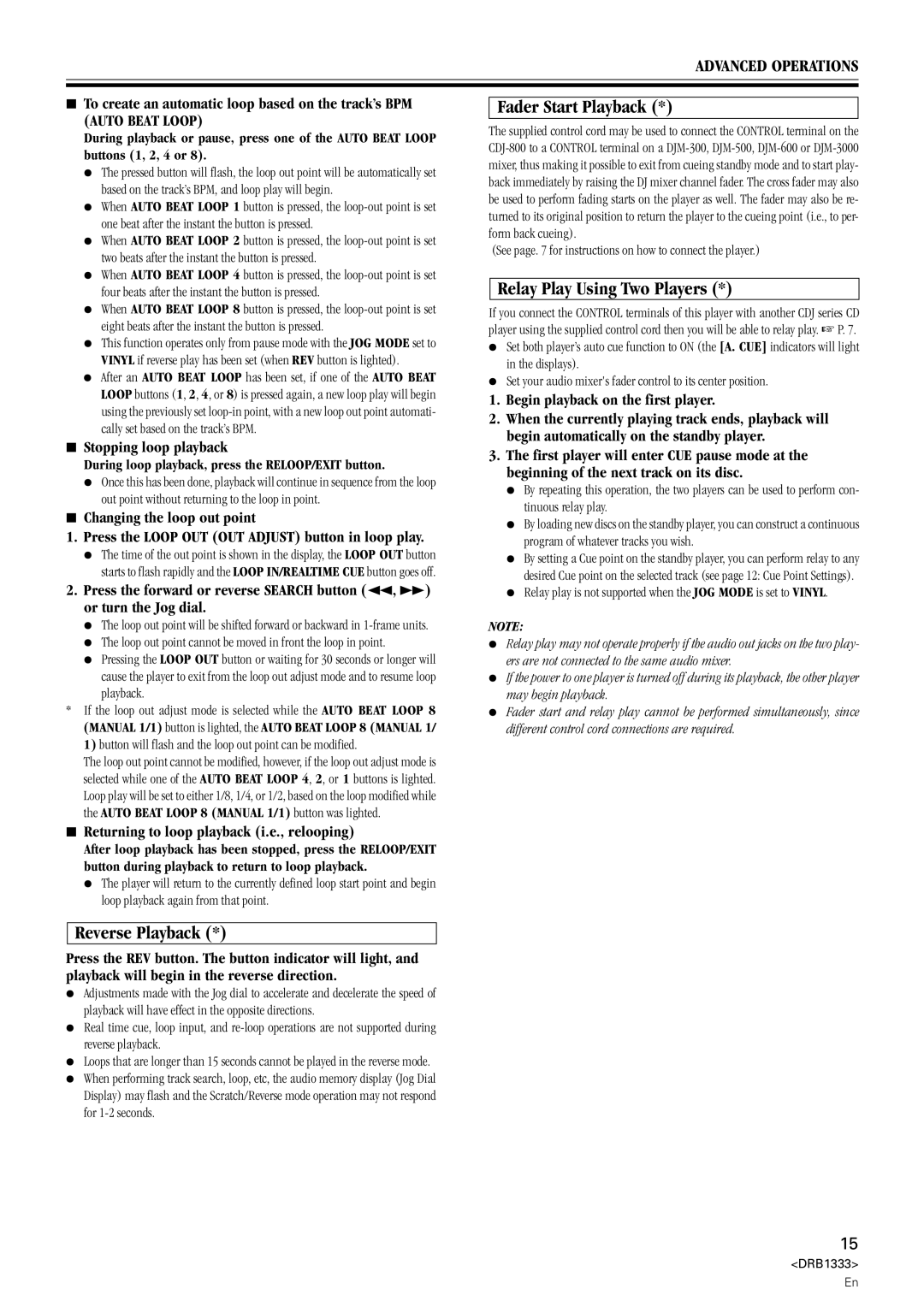 Pioneer CDJ-800 manual Reverse Playback, Fader Start Playback, Relay Play Using Two Players, Stopping loop playback 