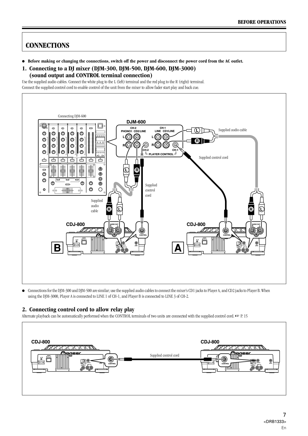 Pioneer CDJ-800 manual Connections, Connecting control cord to allow relay play 