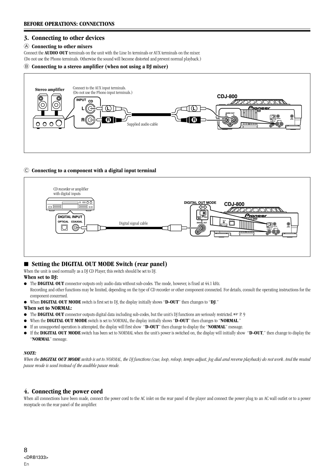 Pioneer CDJ-800 Connecting to other devices, Setting the Digital OUT Mode Switch rear panel, Connecting the power cord 