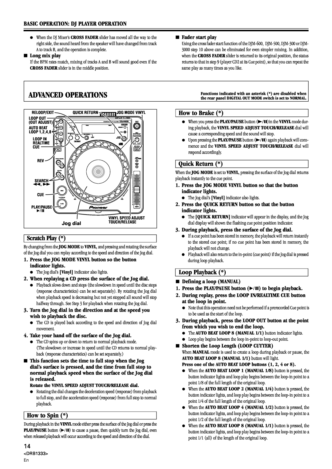 Pioneer CDJ-800 manual Advanced Operations, How to Brake, Quick Return, Scratch Play, How to Spin, Loop Playback 