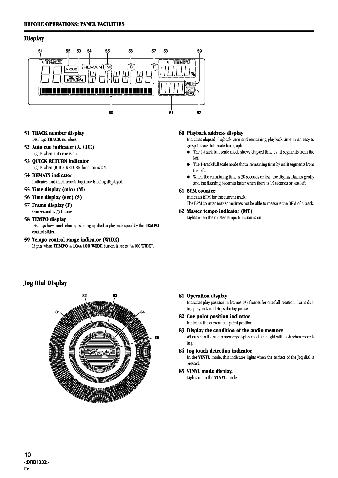 Pioneer CDJ-800 manual Jog Dial Display, Before Operations Panel Facilities 