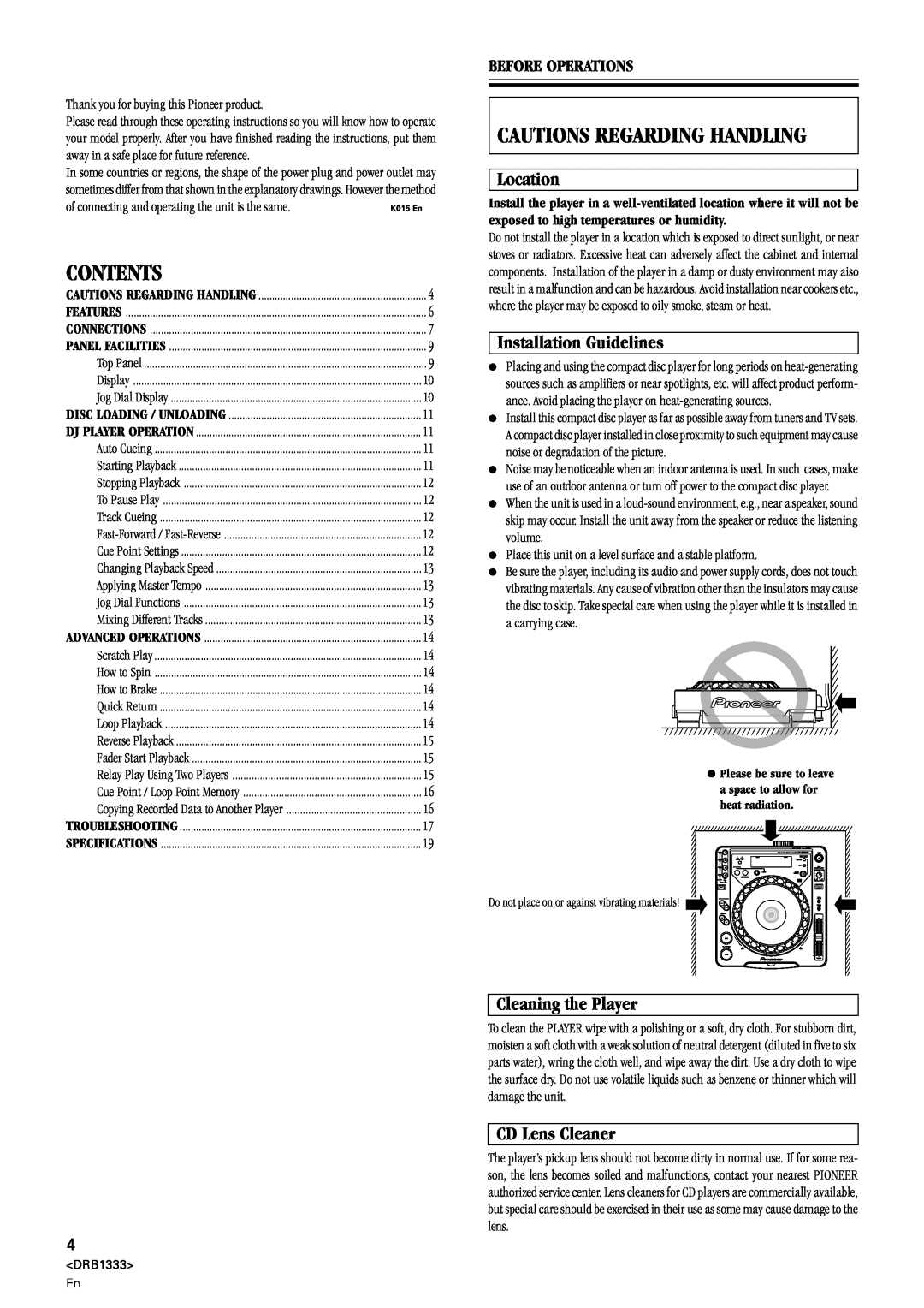 Pioneer CDJ-800 manual Cautions Regarding Handling, Location, Installation Guidelines, Cleaning the Player, CD Lens Cleaner 