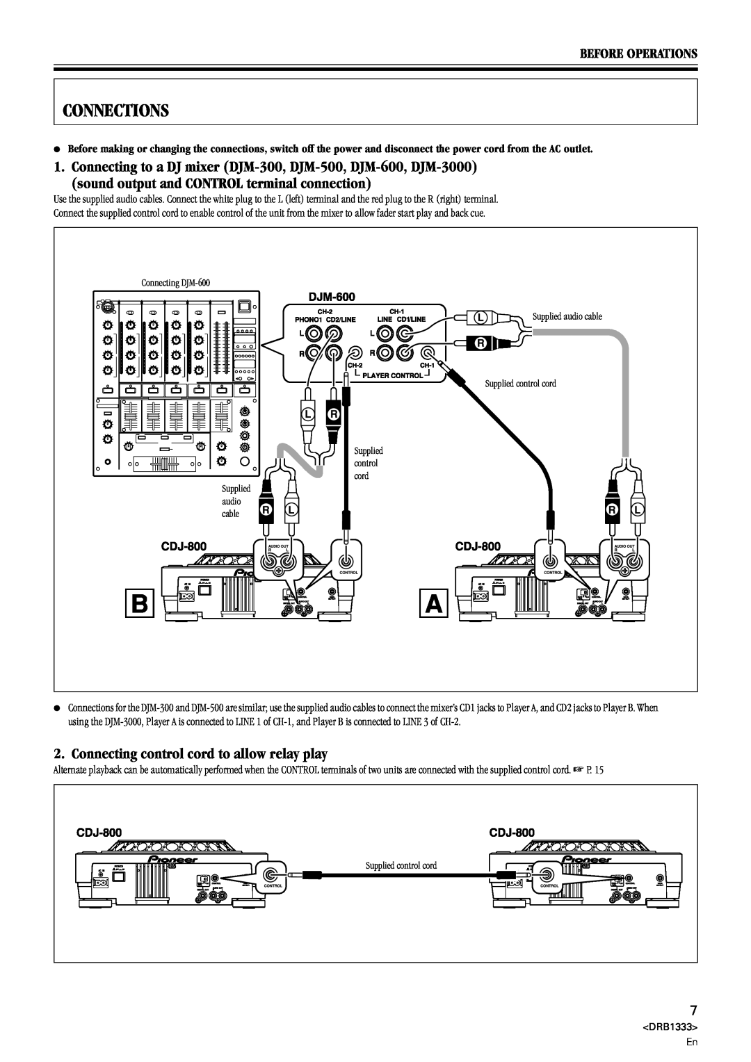 Pioneer CDJ-800 manual Connections, Connecting control cord to allow relay play, Before Operations 