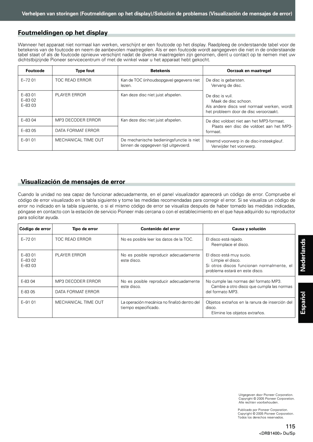 Pioneer CDJ-800MK2 operating instructions Foutmeldingen op het display, Visualización de mensajes de error 