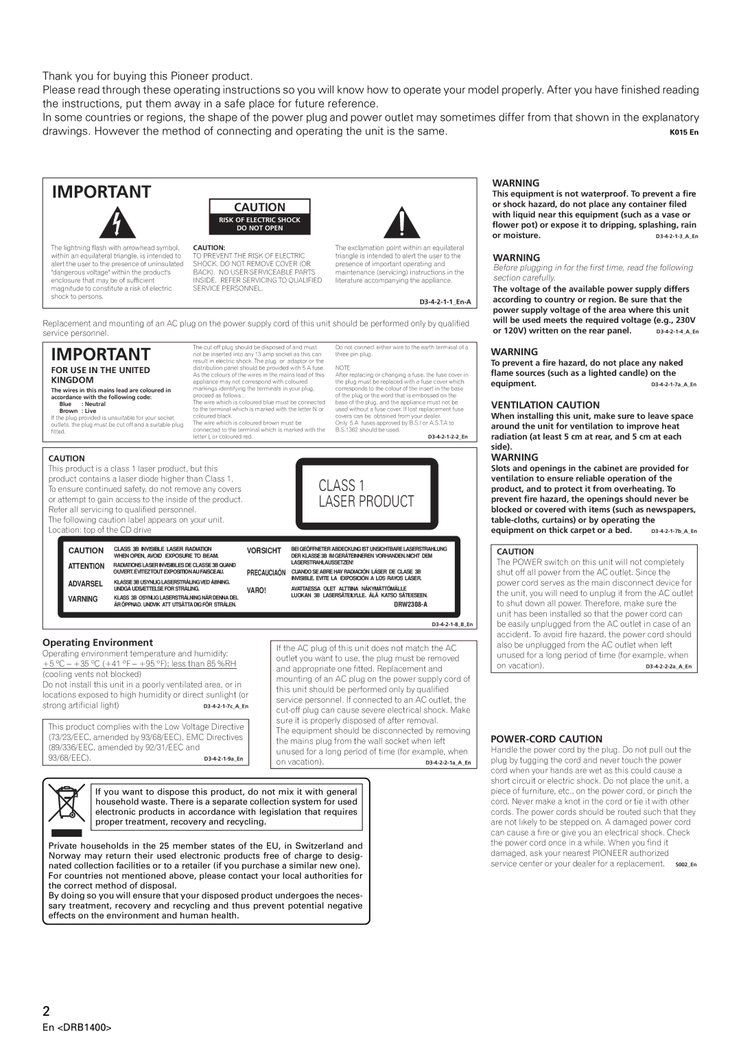 Pioneer CDJ-800MK2 operating instructions Ventilation Caution, Operating Environment, POWER-CORD Caution 