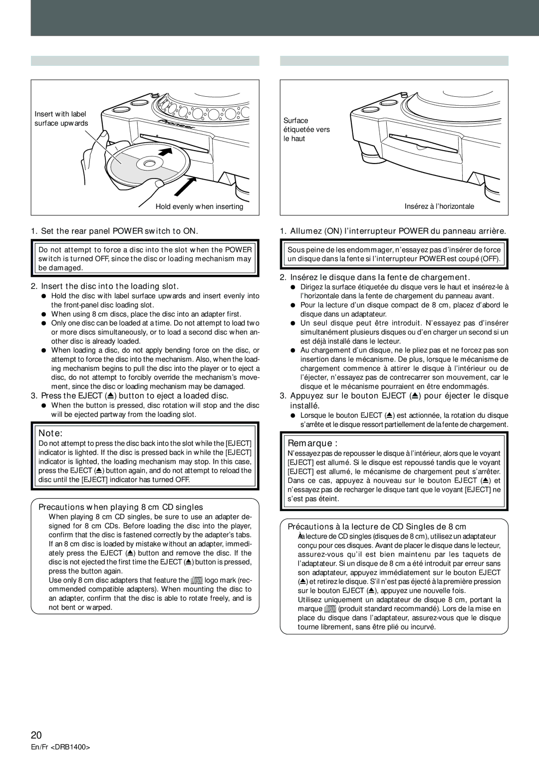 Pioneer CDJ-800MK2 operating instructions Loading and Removing Discs Insertion et retrait des disques, Remarque 