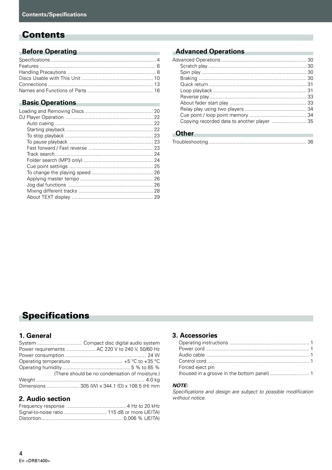 Pioneer CDJ-800MK2 operating instructions Contents, Specifications 