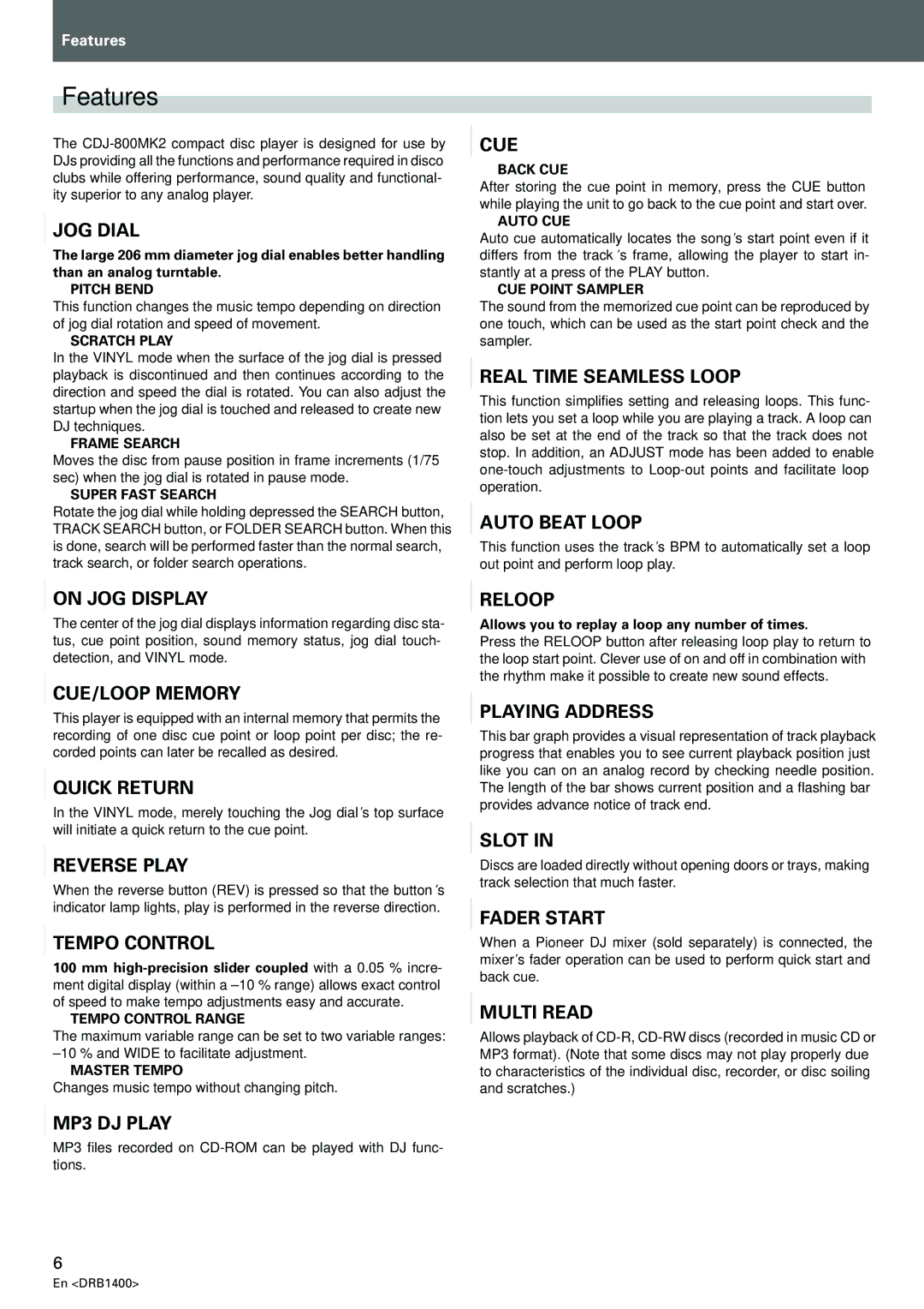 Pioneer CDJ-800MK2 operating instructions Features 