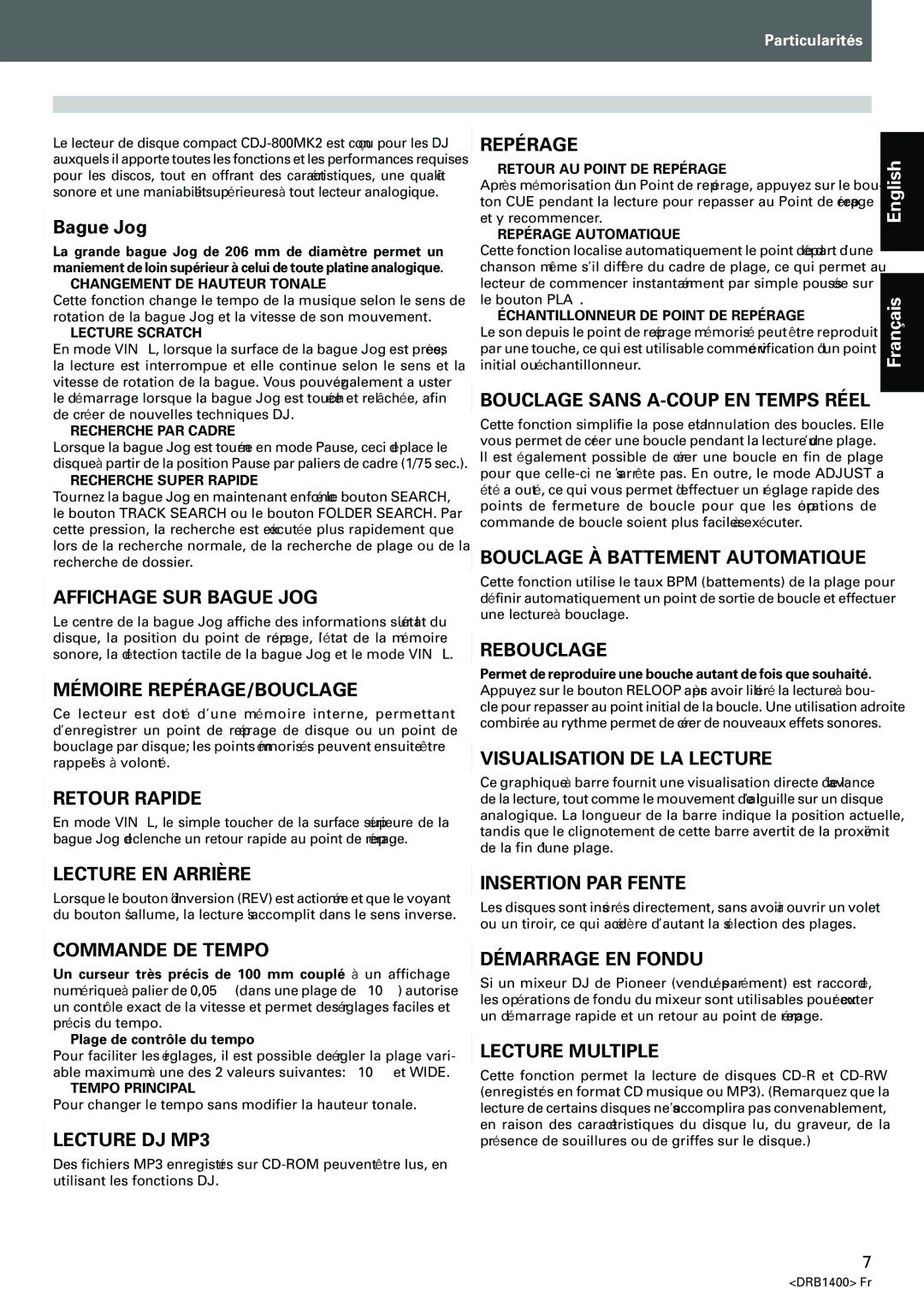 Pioneer CDJ-800MK2 operating instructions Particularités, Bague Jog 