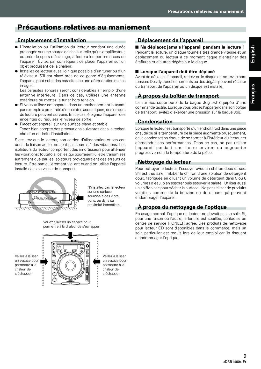 Pioneer CDJ-800MK2 operating instructions Précautions relatives au maniement 