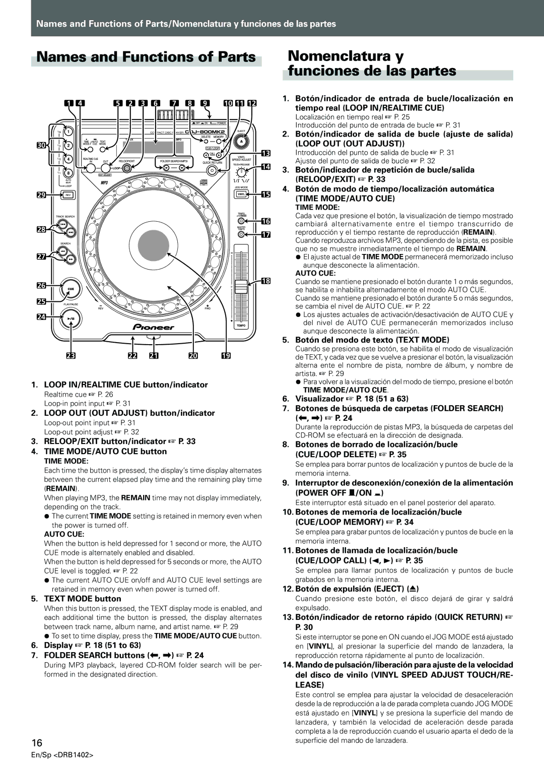 Pioneer CDJ-800MK2 Loop IN/REALTIME CUE button/indicator, Loop OUT OUT Adjust button/indicator, Text Mode button 