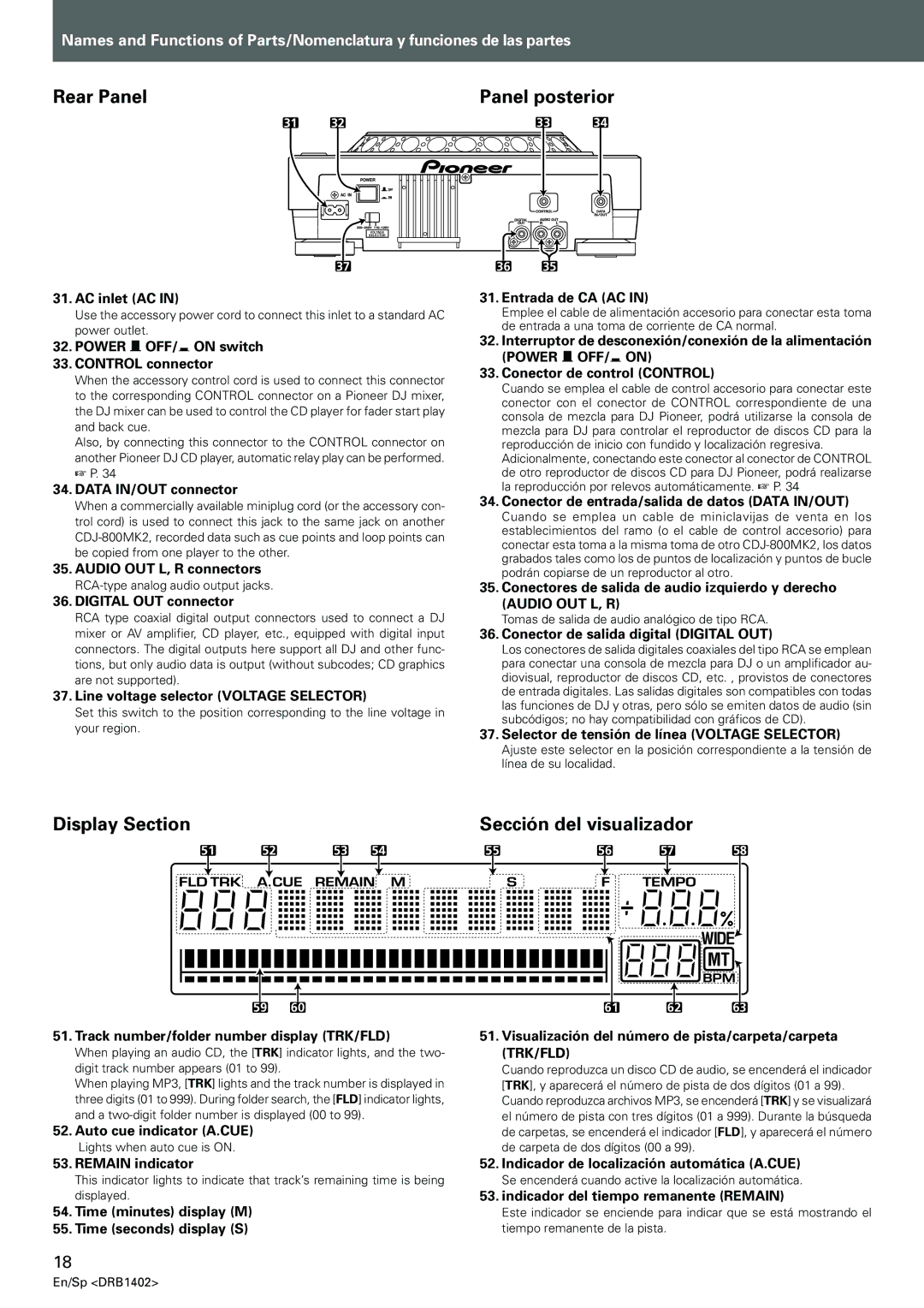 Pioneer CDJ-800MK2 operating instructions Rear Panel Panel posterior, Display Section, Sección del visualizador 