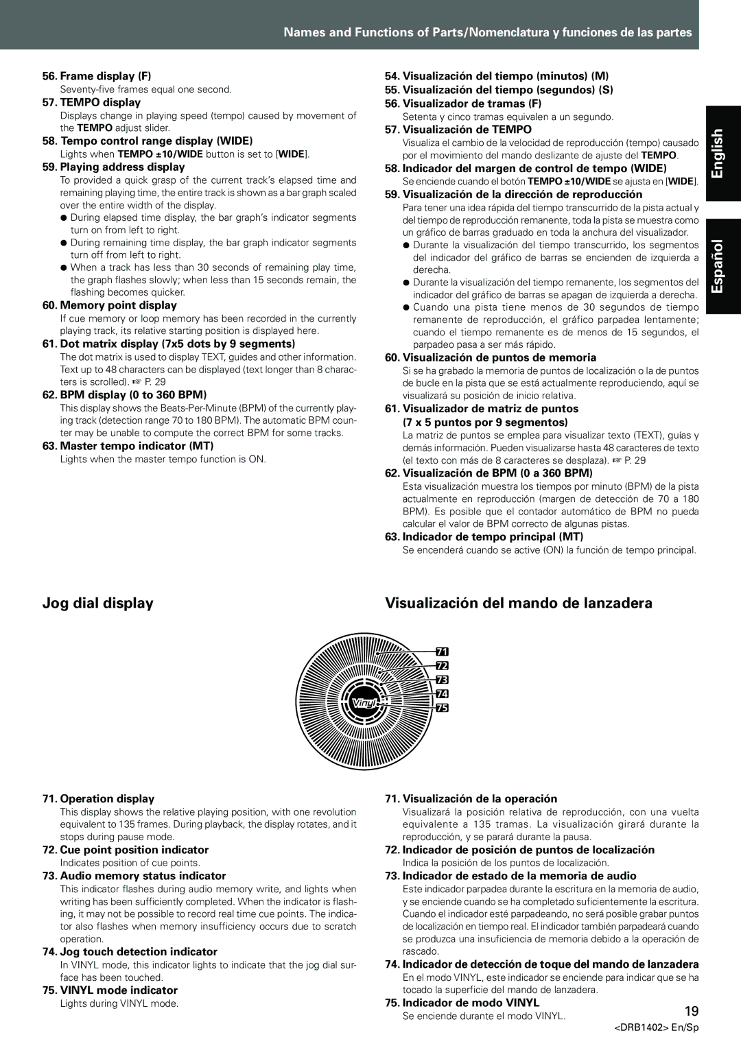 Pioneer CDJ-800MK2 operating instructions Jog dial display, Visualización del mando de lanzadera 