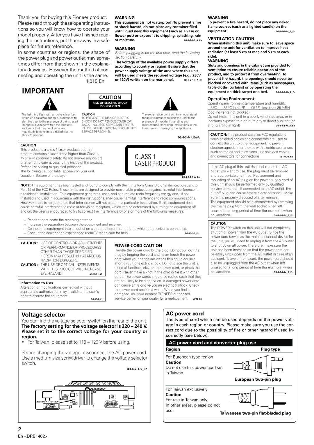 Pioneer CDJ-800MK2 operating instructions AC power cord, Operating Environment, Region Plug type, European two-pin plug 