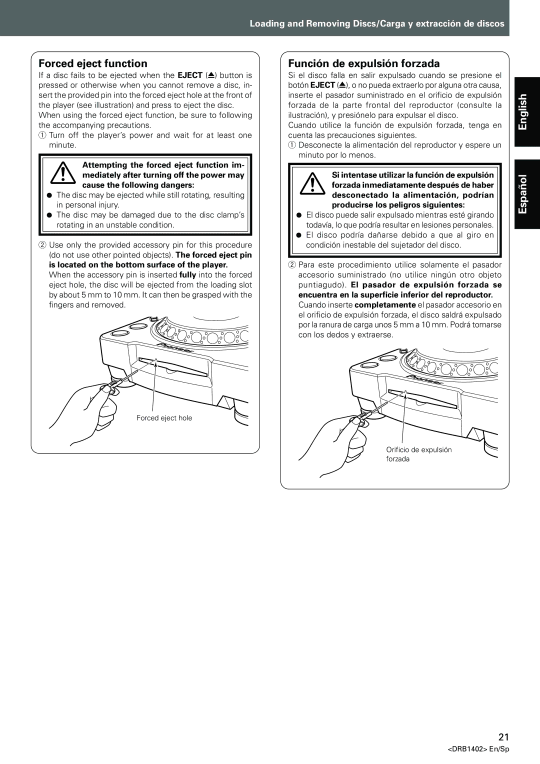 Pioneer CDJ-800MK2 operating instructions Forced eject function, Función de expulsión forzada 