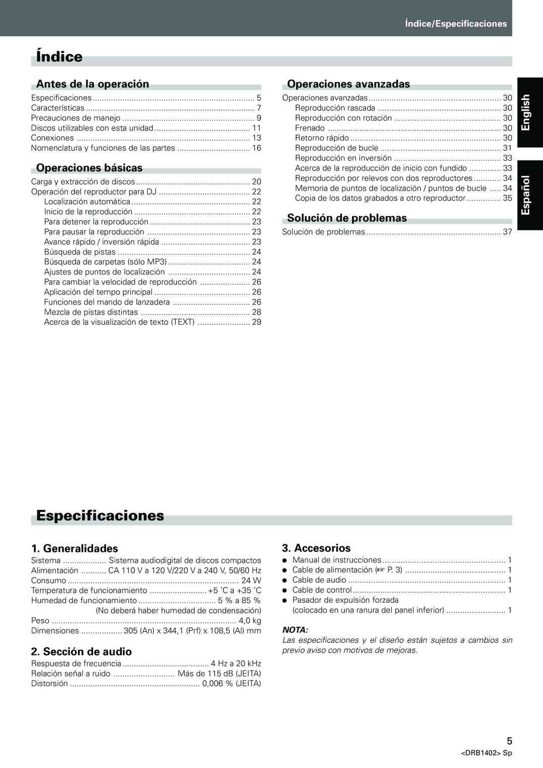 Pioneer CDJ-800MK2 operating instructions Índice, Especificaciones 