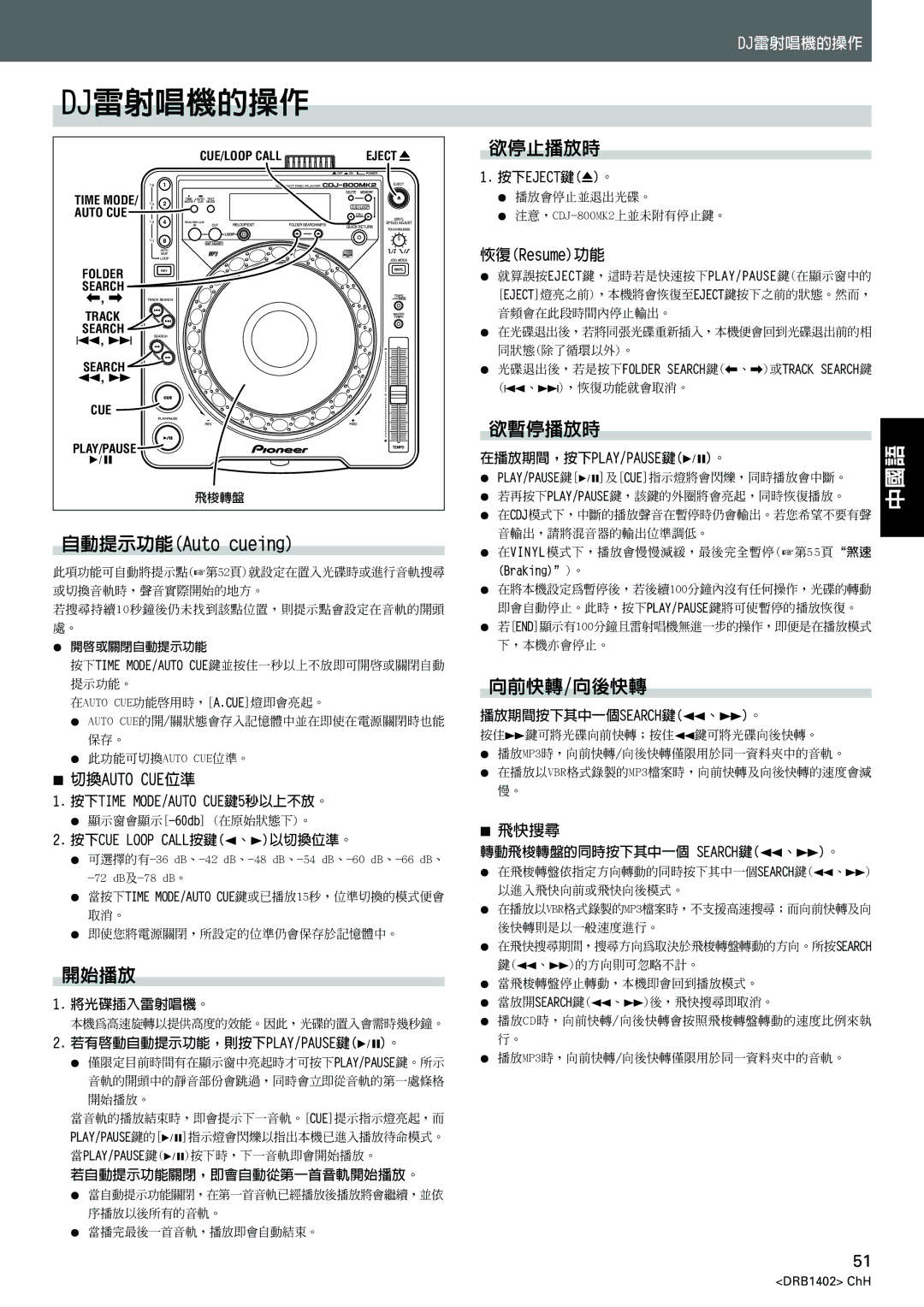 Pioneer CDJ-800MK2 operating instructions Dj雷射唱機的操作, 欲停止播放時, 欲暫停播放時, 向前快轉/向後快轉, 開始播放 