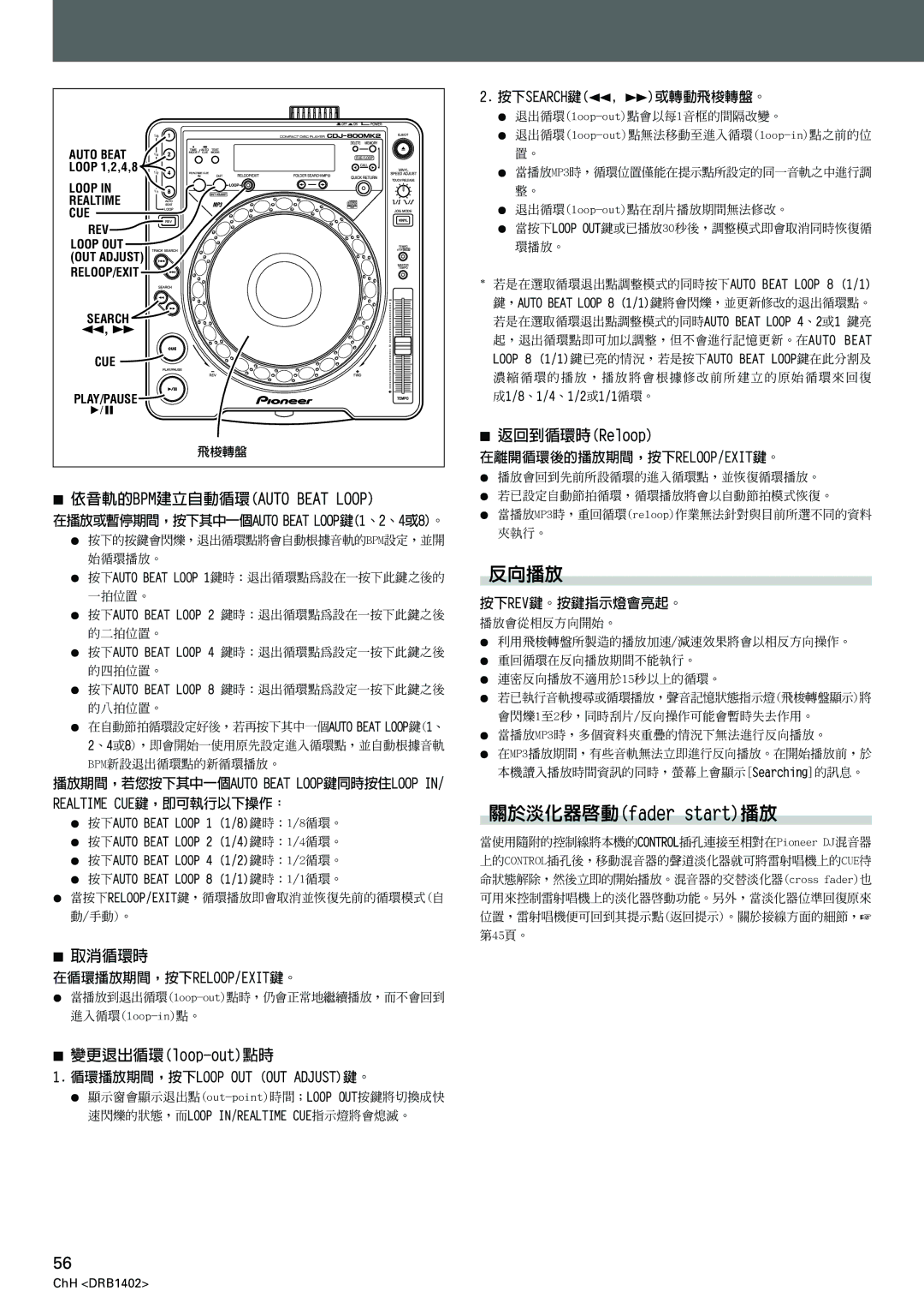 Pioneer CDJ-800MK2 operating instructions 依音軌的BPM建立自動循環AUTO Beat Loop, 變更退出循環loop-out點時, 返回到循環時Reloop 