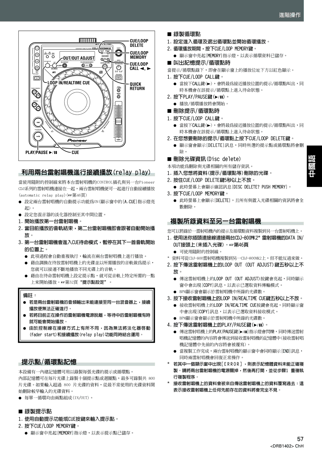 Pioneer CDJ-800MK2 operating instructions 利用兩台雷射唱機進行接續播放relay play, 提示點/循環點記憶, 複製所錄資料至另一台雷射唱機, 刪除光碟資訊Disc delete 