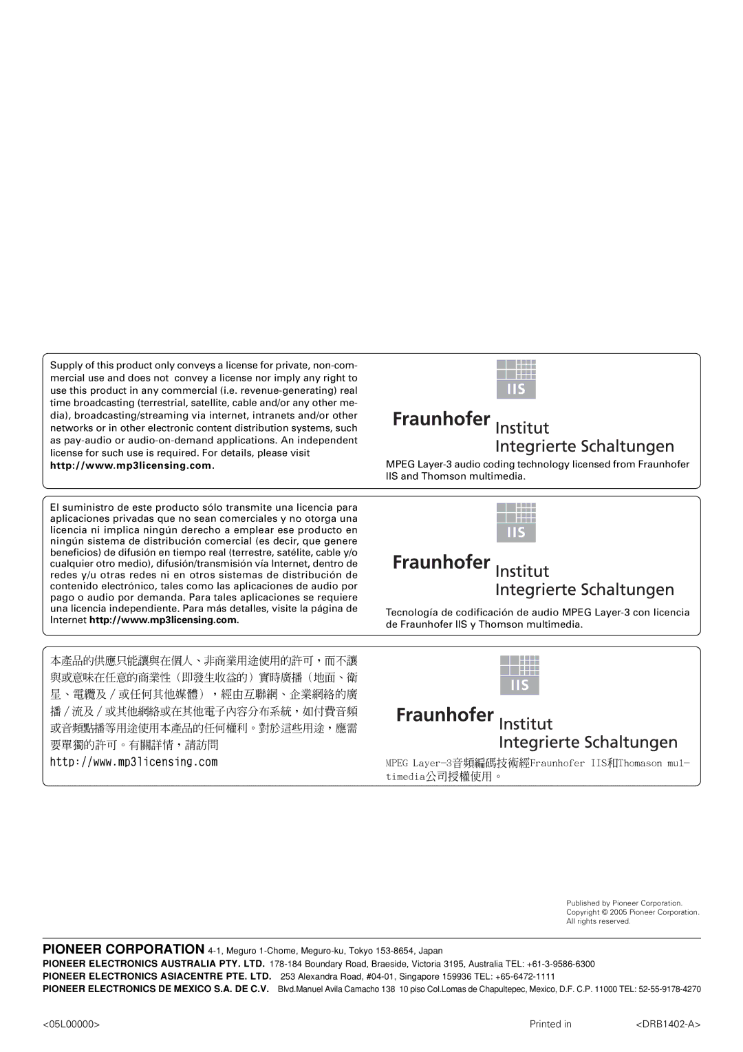 Pioneer CDJ-800MK2 operating instructions 05L00000 Printed DRB1402-A 