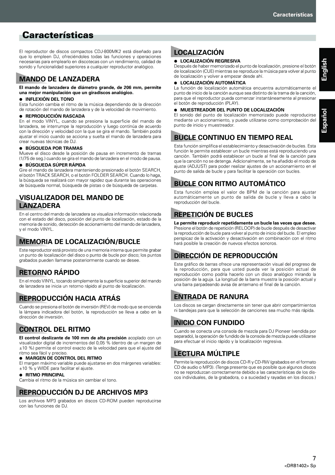 Pioneer CDJ-800MK2 operating instructions Características, Mando DE Lanzadera 