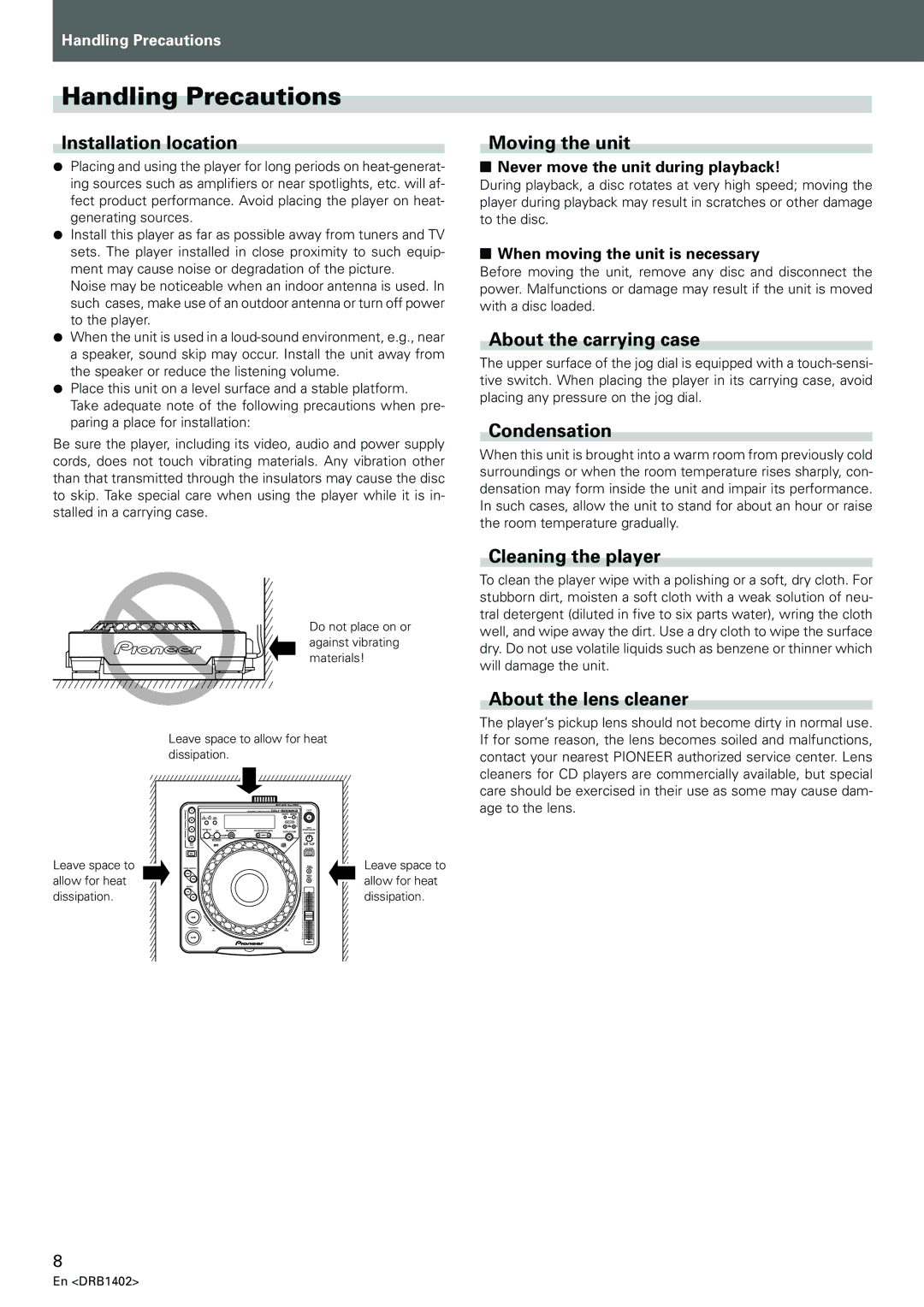 Pioneer CDJ-800MK2 operating instructions Handling Precautions 