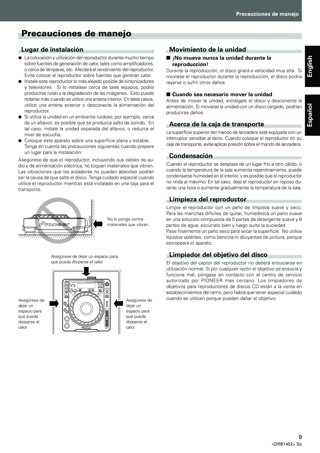 Pioneer CDJ-800MK2 operating instructions Precauciones de manejo 