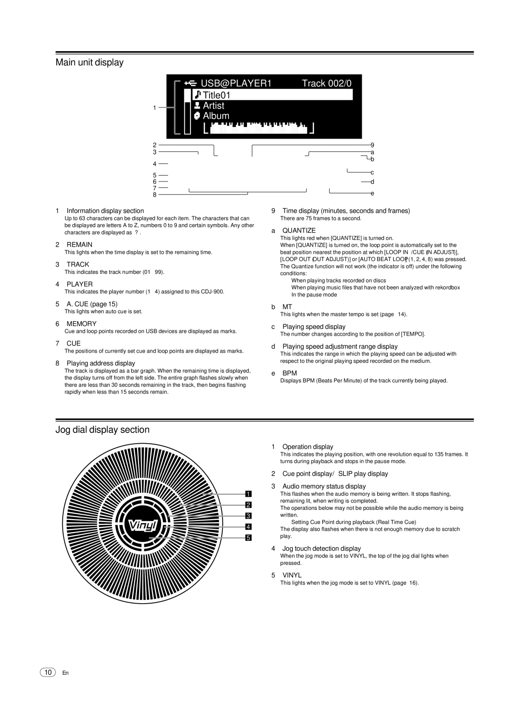 Pioneer CDJ-900, Multi Player operating instructions Main unit display, Jog dial display section 